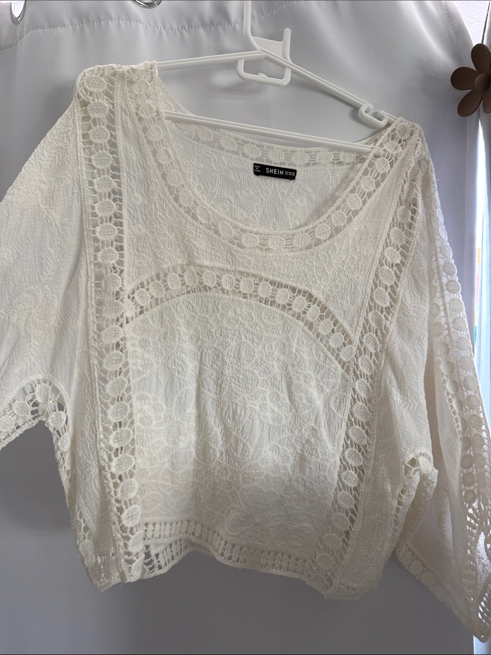 SHEIN Cream Crochet Lace Peasant Top